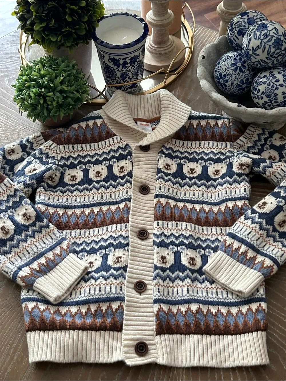 Gymboree Cozy Cream & Blue Fair Isle Teddy Bear Button Cardigan